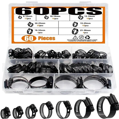 Premium 60 Count Stainless Steel Adjustable Worm Gear Hose Clamps In Matte Black Fit 6 To 38mm Pipes And Hoses For Heavy Duty Auto And Industrial Projects That Need Rock Solid Grip. 60-piece black hose clamp kit in organizer case, 6-38mm