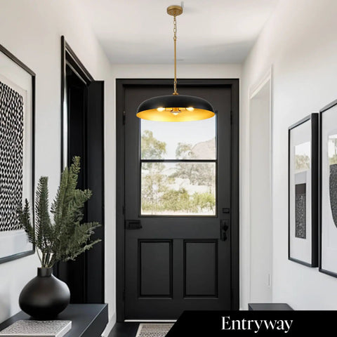 puncoll 20.5" Black and Gold Chandelier, 3-Light Dome Large Pendant Light in a stylish entryway with black and gold design.