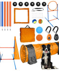 All In One Dog Agility Training Kit For Epic Backyard Fun And Indoor Play with hurdles, tunnel, and tools displayed