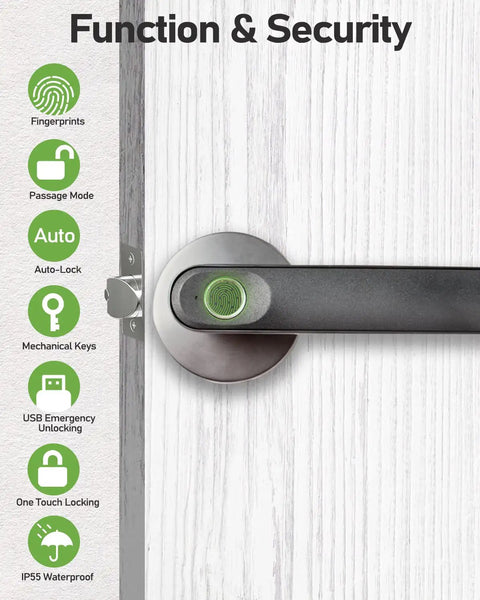 Smart Fingerprint Door Lock With Keyless Entry And Biometric Handle, Auto Lock, Passage Mode, Spare Key, durable grey handle on door