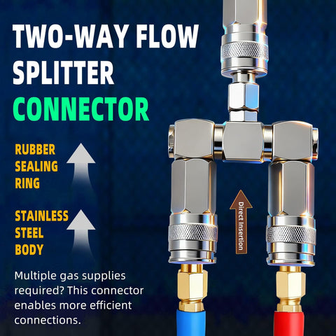 Two-way flow splitter connector with stainless steel body and rubber sealing ring, blue and red hoses attached.