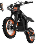 Electric Dirt Bike For Teens And Adults With Fat Tires 14 Inch And 12 Inch 2000W Motor Up To 37 MPH 48V 21Ah Battery And 200Nm Hydraulic Brakes For Off Road Mountain Riding shown in black and orange.