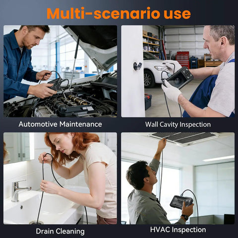 1080P Endoscope Camera With Light For Tight Spaces Pro Grade Industrial Borescope With Built In LED Illumination Clear Visuals For Engine Bays Drains And Wall Cavities Includes 32GB Card, shown in automotive, drain, wall, and HVAC inspection