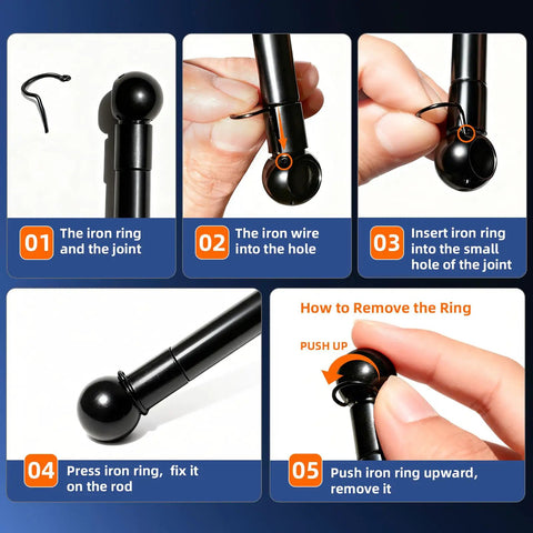 Kickass Front Windshield Gas Lift Strut Replacement installation guide with black rod, iron ring, and finger removal steps.