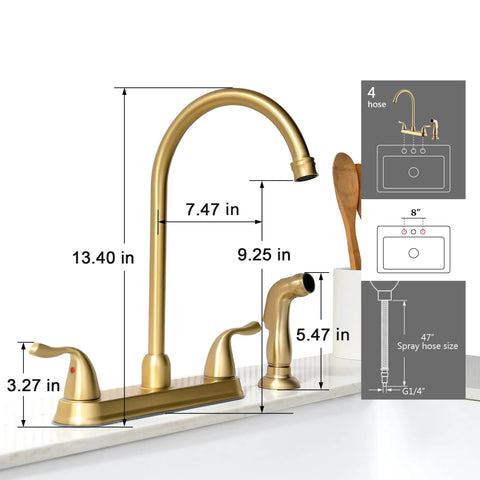 Gold Kitchen Faucet With Side Sprayer And High Pressure Sprayer 8 Inch High Arc 360 Degree Rotating Spout detailed measurements