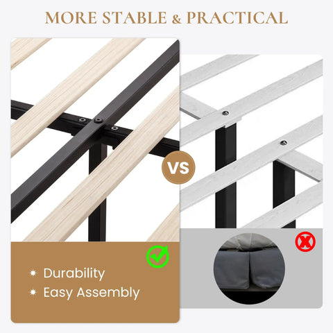 Comparison of heavy duty steel rails and solid slats for the Top Notch Full Size Bed Frame With White Velvet Upholstery And Tufted Wingback Headboard.