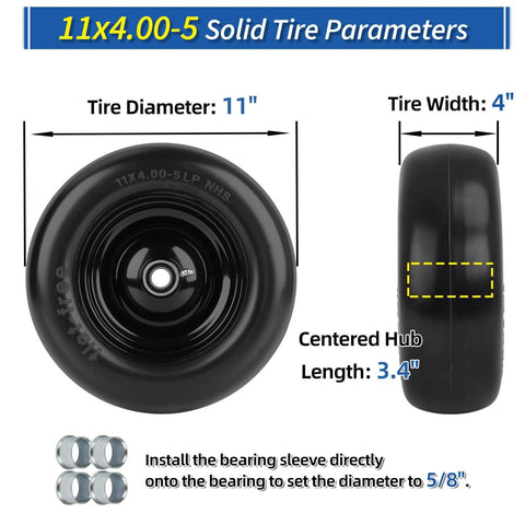 11x4.00-5 Flat Free Lawn Mower Tire And Wheel With Bearing Bore 3/4 Inch Or 5/8 Inch, Centered Hub Length From 3.4 Inches