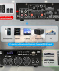 Two Channel 450W Bluetooth 5 Point 0 Home Audio Amplifier Receiver front and back panel connections for versatile input options