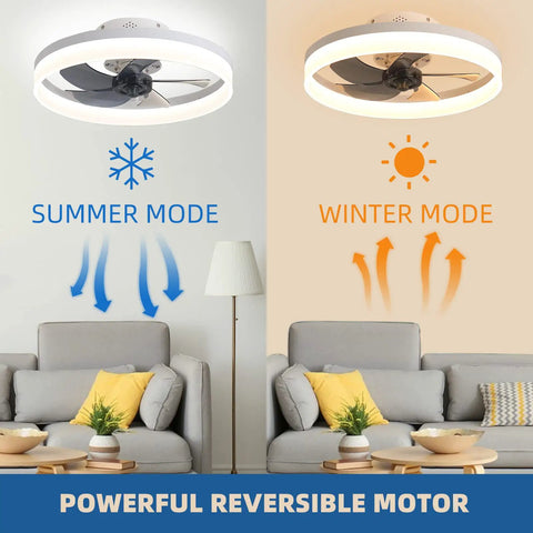 Bladeless Ceiling Fan With Lights And Remote Control 6 Speeds 3 Color Modes Geometric Modern Style displayed in summer and winter modes