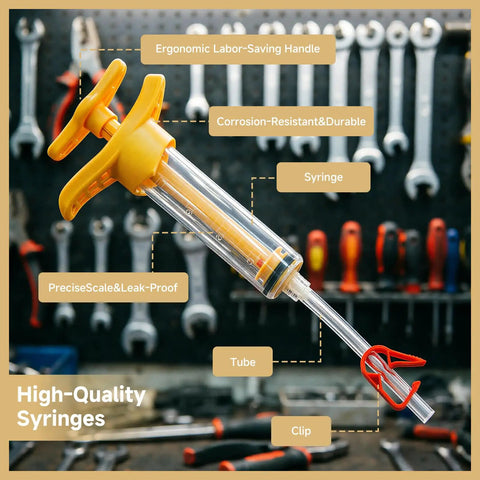 All In One Hydraulic Disc Brake Bleed Kit For Shimano, SRAM, Avid, Magura, Tektro, Hayes And More syringe and tools on workbench