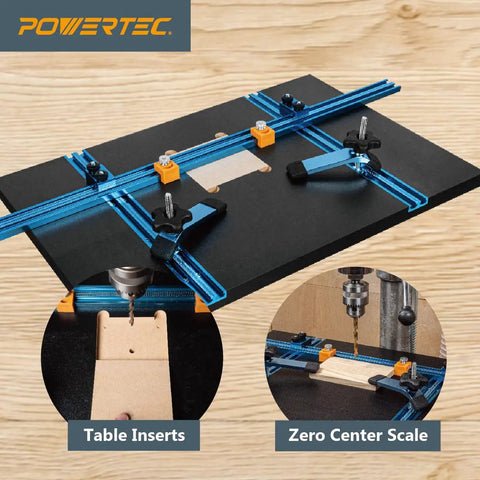 16 Inch By 24 Inch Drill Press Table Setup Kit With Pro Grade Fence, showing table inserts and zero center scale.