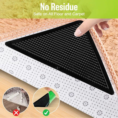 Hand applying 8 Pack Non Slip Rug Tape for Hardwood Floors, Anti Curling Rug Grippers under a rug corner on hardwood floor