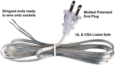 Clear Silver Lamp Cord 8 Foot Long For DIY Lamp Repair Or Replacement SPT-1 18 Gauge UL Listed Power Cord With Polarized Plug