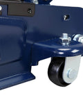 Close-up of blue finish wheel of 2.5 Ton Low Profile Hydraulic Trolley Jack for Cars and SUVs, rust-resistant construction.