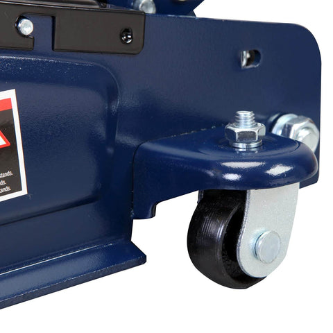 Close-up of blue finish wheel of 2.5 Ton Low Profile Hydraulic Trolley Jack for Cars and SUVs, rust-resistant construction.