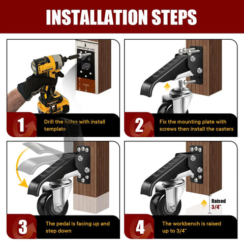 Installation steps for Heavy Duty Retractable Caster Wheels For Workbenches with a drill and caster mounting.