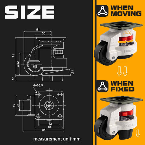 Heavy Duty Retractable Leveling Casters Four Pack With One Point Five Inch Height Adjustable Feet For Workbenches And Heavy Machinery 110 Lb Per Caster Rubber Pad For Quiet Floor Protection And Stable Furniture
