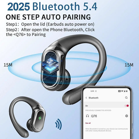 Bluetooth 5.4 Auto Connect Sport Earbuds With 60 Hours Playtime showing auto pairing feature with smartphone display.
