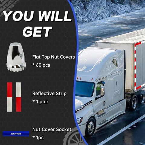 60Pcs Semi Truck Lug Nut Covers Chrome 33mm ABS Plastic Anti Rust Push On Wheel Nut Caps For Semi Trucks Trailer Heavy Duty Nut Cap Set That Shields Lug Nuts And Wheels From Rust Corrosion And Harsh Weather next to semi truck on highway.