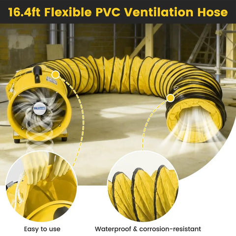 Heavy Duty 8 Inch Air Mover Portable Ventilation Fan with 3500RPM Copper Motor and 16 Foot Flexible Duct, Industrial Use