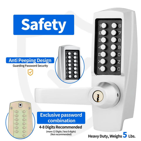 Mechanical Push Button Lever Lock With 13 Digit Keypad For Keyless Entry Keep Open Or Auto Locked 60mm Backset Satin Chrome Finish