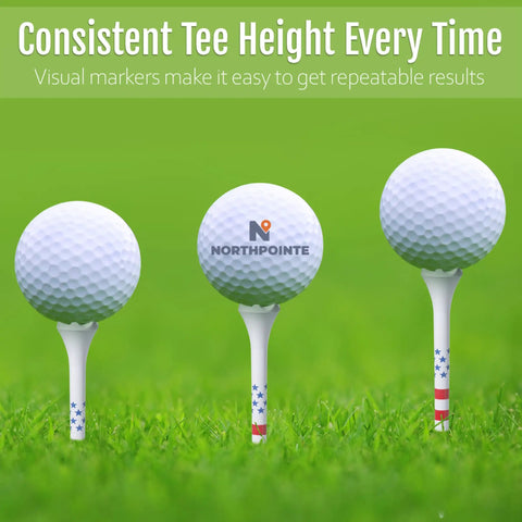Image of Three Two And Three Quarters Inch USA Stars And Stripes Golf Tees Plastic Bulk Pack Of One Hundred For Patriotic Play Made In The USA High Visibility Red White Blue Flag Design Durable Tee It Up At The Same Height Every Hole with golf balls on a green field with consistent height marks.