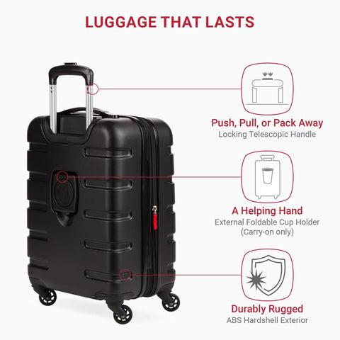 SwissGear 7366 hardside carry-on luggage with four spinner wheels, black ABS shell