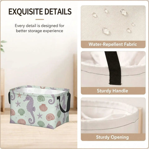Large Rectangular Storage Basket For Organizing Home Clutter, Waterproof Fabric Bin With Trendy Pattern, features water-repellent fabric and sturdy handle.