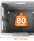 Collapsible Gray Rolling Dolly With Adjustable Handle And Extra Storage showing interior, holds up to 80 lb, dimensions labeled