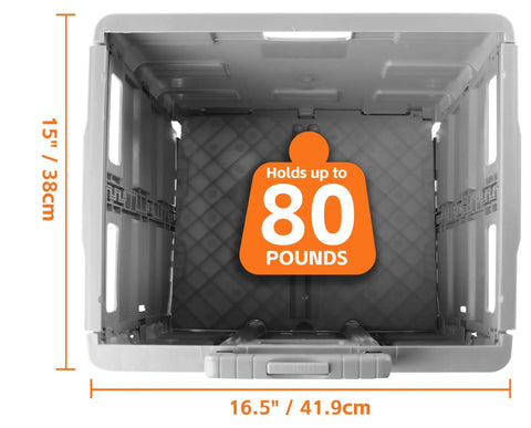 Collapsible Gray Rolling Dolly With Adjustable Handle And Extra Storage showing interior, holds up to 80 lb, dimensions labeled