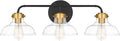 Three Light Matte Black Vanity Light With Clear Glass Shades And Brass Accents Durable Steel Fixture For A Bold Powder Room Makeover