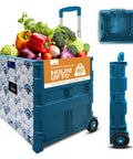 Ultra Slim Rolling Storage Cart With Telescopic Handle Collapsible Utility Cart For Home On The Go Garden Office School And Shopping Heavy Duty 80 Lb Capacity Folds To 3 Inches Extends To 39 Inches Blue Wave Print filled with vegetables