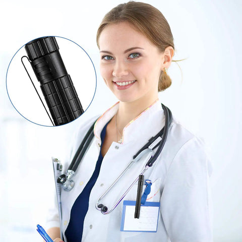 20 Pack Metal Flashlight Clips For Removable Accessories attached to a penlight held by a medical professional