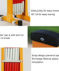 Built Like A Tank Retractable Traffic Barricade Featuring Smooth Glide Pulleys And A Quick Fold Stand for easy towing and rubber caps.