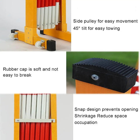 Built Like A Tank Retractable Traffic Barricade Featuring Smooth Glide Pulleys And A Quick Fold Stand for easy towing and rubber caps.