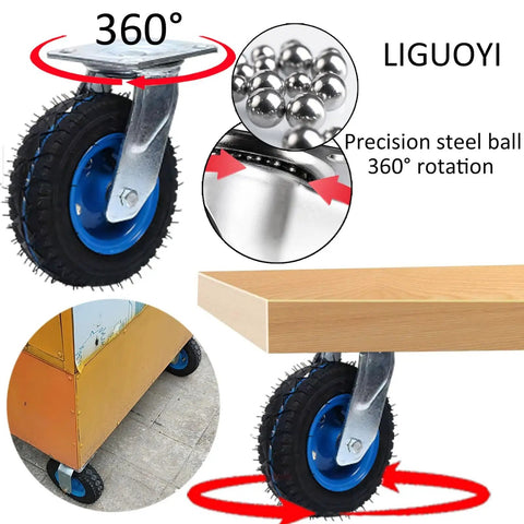 Commercial Grade Heavy Duty Swivel Caster Wheels With Strong Lock Brakes And Silent Pneumatic Air Filled Tires For Rolling Heavy Loads Like A Champ And Quick Install Set Of Two showing 360° rotation and precision steel ball.