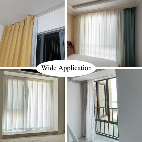 Double Tracks Ceiling Mount Curtain Rail With Hooks For Living Room And Bedroom Ultra Thin Aluminum Curtain Rod Smooth Noiseless Sliders Room Divider Track White Finish 1.9m Length installed with curtains in different rooms
