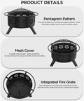 32 Inch Fire Pit With BBQ Grill And Mesh Cover For Outdoor Patio Backyard Bonfires Includes 360 Degree Rotating Grill And Fire Poker Pentagram Hollow Design Round Metal Firepit For Grill Nights And Garden Fun product details with pentagram pattern, mesh cover, and integrated fire grate visible.