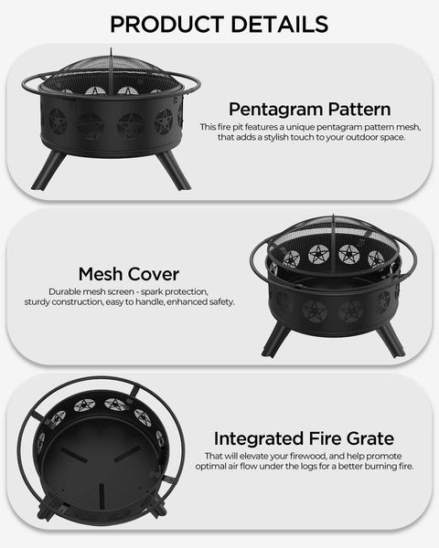 32 Inch Fire Pit With BBQ Grill And Mesh Cover For Outdoor Patio Backyard Bonfires Includes 360 Degree Rotating Grill And Fire Poker Pentagram Hollow Design Round Metal Firepit For Grill Nights And Garden Fun product details with pentagram pattern, mesh cover, and integrated fire grate visible.