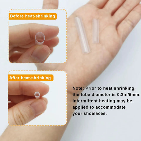 Fix Your Laces Like A Pro With This 50Pk Heat Shrink Aglets Repair Kit For Shoelaces shown before and after heat-shrinking on palm
