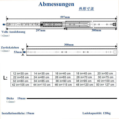 Diagram of Beefy Heavy Duty Drawer Slides with lock, full extension ball bearing rails, dimensions 53mm height, various lengths.