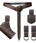 Medieval Belt Accessory Set 5 Piece For Renaissance Costumes With Viking Horn Belt Holster Dagger Holster Sword Frog And Faux Leather Brown