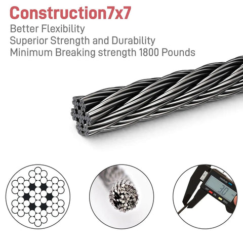 Close-up view of 7x7 construction in 1000 Feet Black Stainless Steel Cable Kit for Deck Railing 1/8 Inch Wire Rope T316 with Cutter.