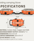 Specifications of Powerful 20,000 BTU Dual Burner Propane Camping Stove, showing dimensions and materials.