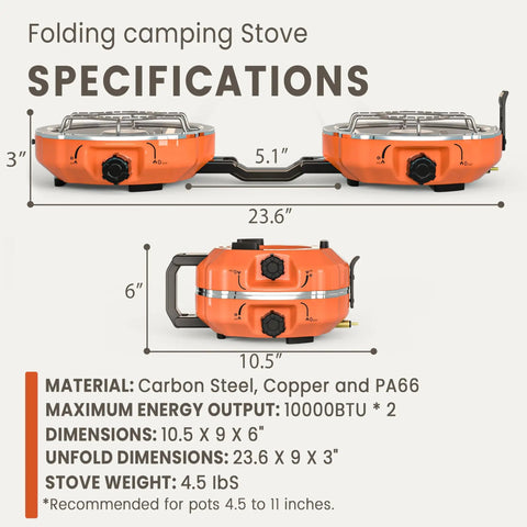 Specifications of Powerful 20,000 BTU Dual Burner Propane Camping Stove, showing dimensions and materials.