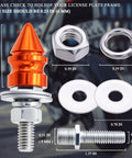 Dope Spike License Plate Screws Kit Four Pack With Decorative Anti Theft Bolts For Cars Motorcycles And Trucks Stainless Steel And Aluminum Alloy Construction Orange Frame Fasteners Universal Fit displayed with measurements