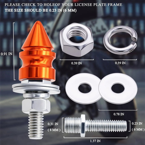 Dope Spike License Plate Screws Kit Four Pack With Decorative Anti Theft Bolts For Cars Motorcycles And Trucks Stainless Steel And Aluminum Alloy Construction Orange Frame Fasteners Universal Fit displayed with measurements