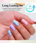 Hand with pastel gel nail polish set with glitter flakes in blue, pink, and lavender, long-lasting for more than 4 weeks.