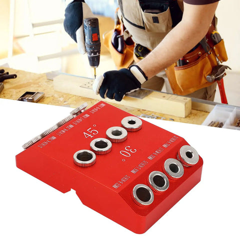 Heavy Duty Aluminum Pocket Hole Jig Drill Guide For Pro Woodworking Featuring Multi Angle Layouts At 30 45 And 90 Degrees With Slick Steel Drill Sleeves, red guide in use.