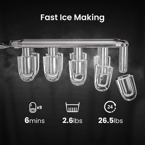 Countertop Ice Maker With Handle For Home Kitchen, Fast Bullet Ice Production, 26.5 Pounds Per Day, 9 Cubes, 6-Minute Cycle
